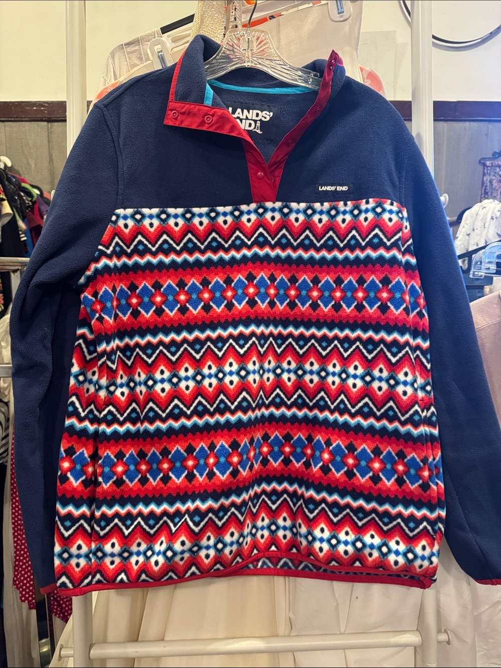 Lands' End Navy, Red & White Geometric Fleece Pullover